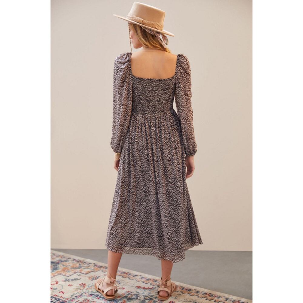 Anthropologie Dolan Cheetah Animal Print SmockedMidi Long Sleeve Dress Medium - Picture 2 of 7